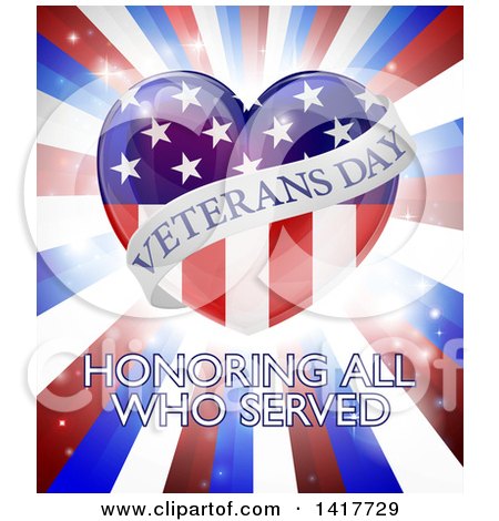 Clipart of a Veterans Day Honoring All Who Serverd Design with an American Heart and Burst - Royalty Free Vector Illustration by AtStockIllustration