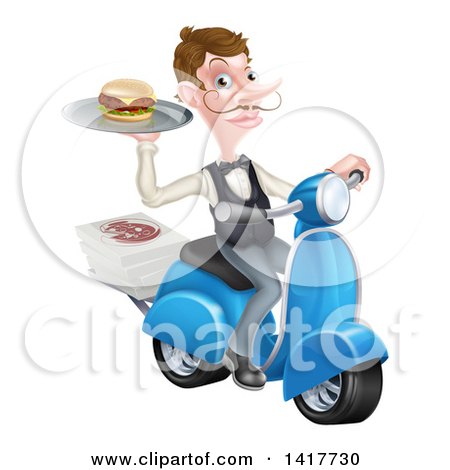 Clipart of a Cartoon Caucasian Male Waiter with a Curling Mustache, Holding a Burger on a Tray on a Moped - Royalty Free Vector Illustration by AtStockIllustration