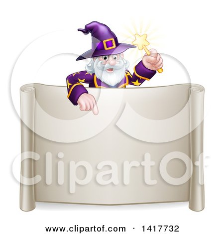Clipart of a Happy Old Bearded Wizard Holding a Magic Wand and Pointing down over a Blank Scroll Sign - Royalty Free Vector Illustration by AtStockIllustration