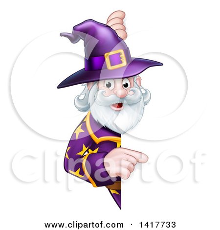Clipart of a Happy Old Bearded Wizard Pointing Around a Sign - Royalty Free Vector Illustration by AtStockIllustration