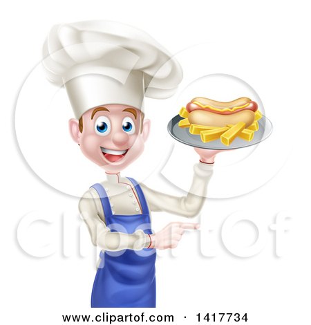 Clipart of a Young White Male Chef Holding a Hot Dog and French Fries on a Platter and Pointing - Royalty Free Vector Illustration by AtStockIllustration