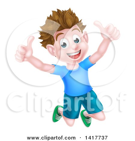Clipart of a Cartoon Happy Excited Brunette Caucasian Boy Jumping and Giving Two Thumbs up - Royalty Free Vector Illustration by AtStockIllustration