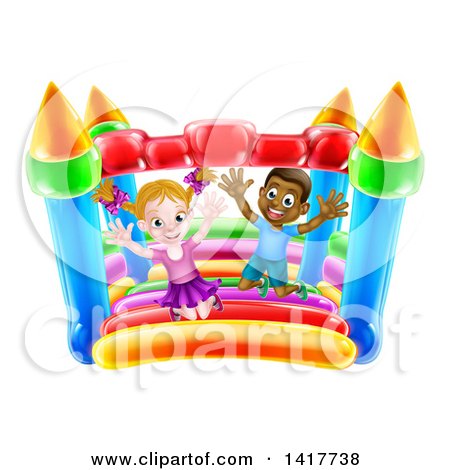 Clipart of a Cartoon Happy White Girl and Black Boy Jumping on a Bouncy House Castle - Royalty Free Vector Illustration by AtStockIllustration