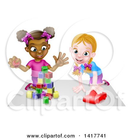 Clipart of Cartoon Happy White and Black Girls Sitting on the Floor, Painting and Playing with Blocks - Royalty Free Vector Illustration by AtStockIllustration