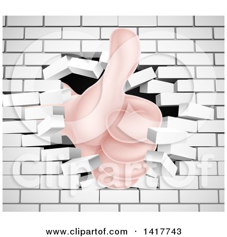 Clipart of a Caucasian Hand Giving a Thumb up and Breaking Through a White Brick Wall - Royalty Free Vector Illustration by AtStockIllustration