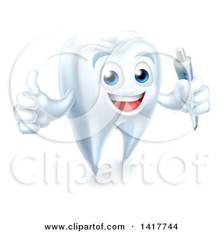 Clipart of a Happy White Tooth Character Holding a Tube of Toothpaste and Giving a Thumb up - Royalty Free Vector Illustration by AtStockIllustration