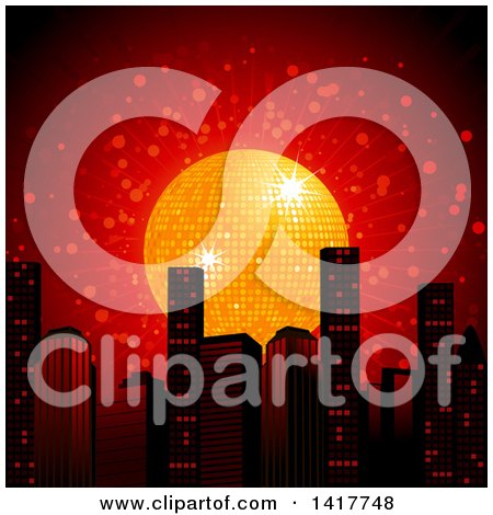 Clipart of a 3d Golden Disco Ball and Burst in a Red Sky over a City Skyline - Royalty Free Vector Illustration by elaineitalia