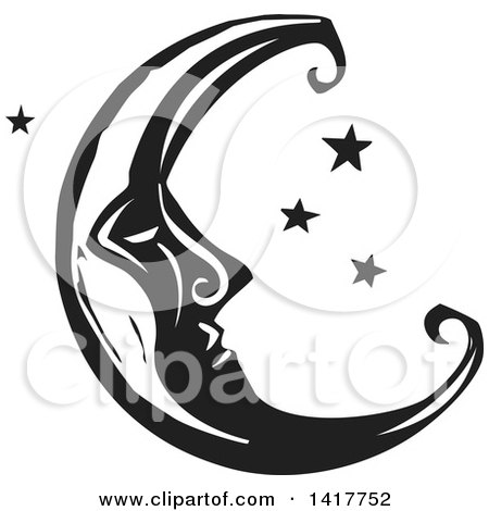Clipart of a Black and White Woodcut Crescent Moon with a Face - Royalty Free Vector Illustration by xunantunich