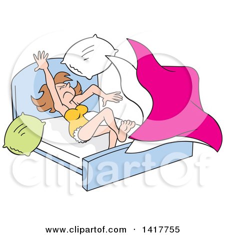 Clipart of a Cartoon Caucasian Woman Tossing and Tumbling in Bed - Royalty Free Vector Illustration by Johnny Sajem
