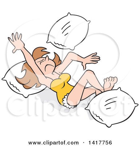 Clipart of a Cartoon Caucasian Woman Tossing and Tumbling with Pillows - Royalty Free Vector Illustration by Johnny Sajem