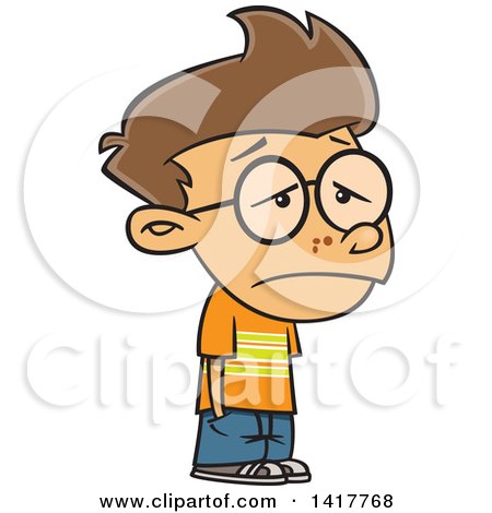 Clipart of a Cartoon Sad Outsider Nerdy Brunette White School Boy - Royalty Free Vector Illustration by toonaday