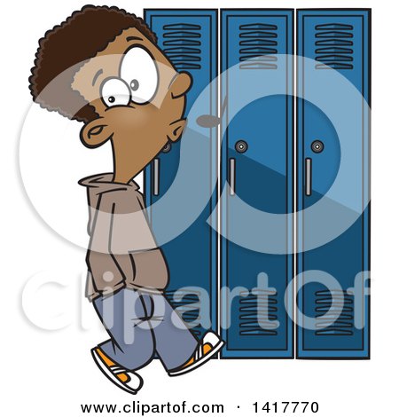 Clipart of a Cartoon African American School Boy Whistling and Sneaking Around Lockers - Royalty Free Vector Illustration by toonaday