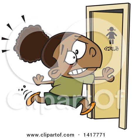 Clipart of a Cartoon African American School Girl Running to the Restroom - Royalty Free Vector Illustration by toonaday