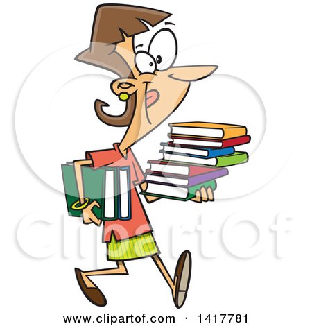 Clipart of a Cartoon Caucasian Woman Carrying Books - Royalty Free Vector Illustration by toonaday