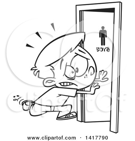 Clipart of a Cartoon Black and White School Boy Running to the Bathroom - Royalty Free Vector Illustration by toonaday