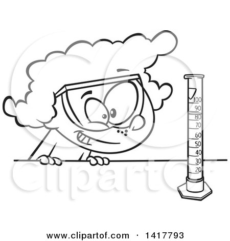 Clipart of a Cartoon Black and White School Girl Looking at a Science or Chemistry Cylinder - Royalty Free Vector Illustration by toonaday