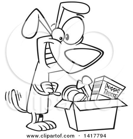 Clipart of a Cartoon Black and White Dog Wagging His Tail and Looking in a Surprise Box - Royalty Free Vector Illustration by toonaday