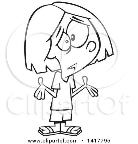 Clipart of a Cartoon Black and White Girl Shrugging and Not Understanding - Royalty Free Vector Illustration by toonaday