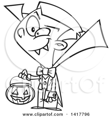 Clipart of a Cartoon Black and White Vampire Boy Trick or Treating on Halloween - Royalty Free Vector Illustration by toonaday