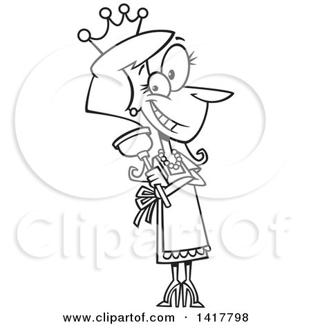 Clipart of a Cartoon Black and White Woman Wearing a Crown and Holding a Plunger - Royalty Free Vector Illustration by toonaday