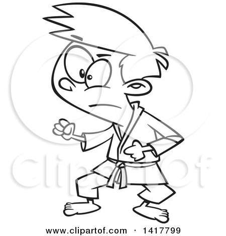 Clipart of a Cartoon Black and White Karate Boy in a Fighting Stance - Royalty Free Vector Illustration by toonaday