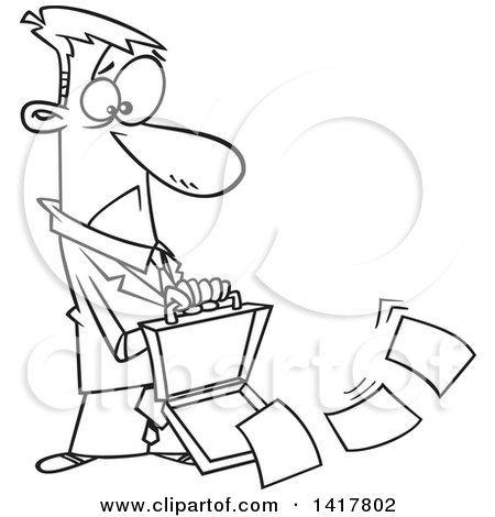 Clipart of a Cartoon Black and White Businessman Dropping Documents from His Briefcase - Royalty Free Vector Illustration by toonaday