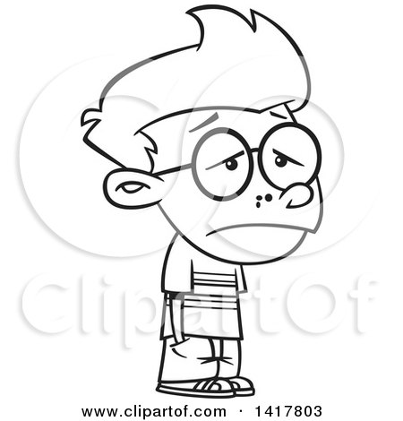 Clipart of a Cartoon Black and White Sad Outsider Nerdy School Boy - Royalty Free Vector Illustration by toonaday