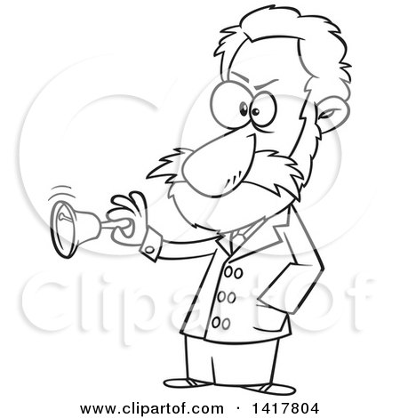 Clipart of a Cartoon Black and White Physiologist, Ivan Pavlov, Ringing a Bell - Royalty Free Vector Illustration by toonaday