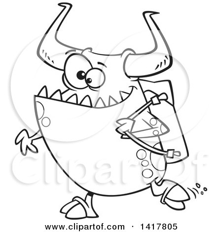 Clipart of a Cartoon Black and White Happy Monster Going Back to School - Royalty Free Vector Illustration by toonaday