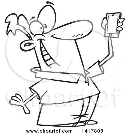 Clipart of a Cartoon Black and White Man Holding up a Smart Phone and Taking a Selfie - Royalty Free Vector Illustration by toonaday