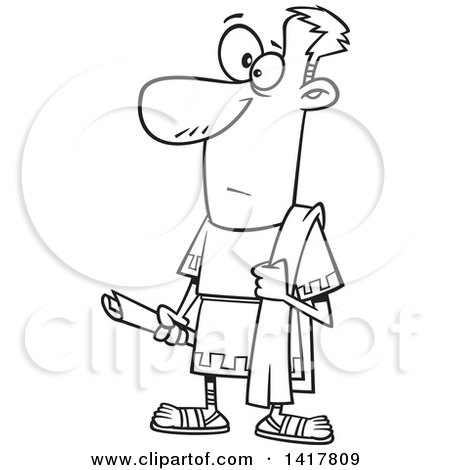 Clipart of a Cartoon Black and White Greek Senator Man Holding a Scroll - Royalty Free Vector Illustration by toonaday