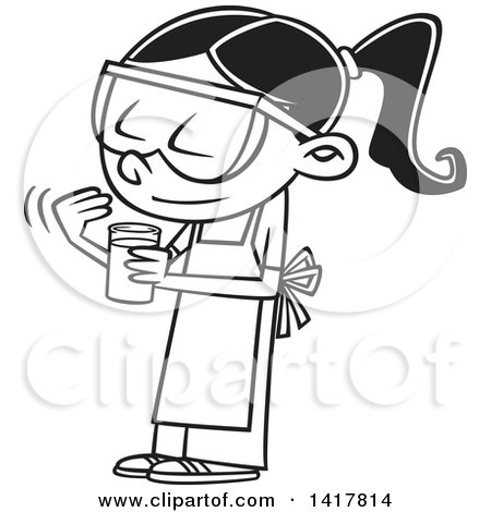 Clipart of a Cartoon Black and White School Girl Looking at a Smelling a Chemical in Science Class - Royalty Free Vector Illustration by toonaday