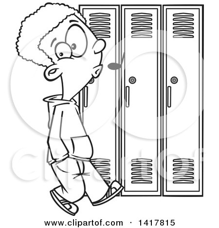 Clipart of a Cartoon Black and White African American School Boy Whistling and Sneaking Around Lockers - Royalty Free Vector Illustration by toonaday