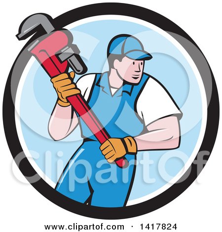 Clipart of a Retro Cartoon White Male Plumber or Handy Man Running with a Monkey Wrench in a Black White and Blue Circle - Royalty Free Vector Illustration by patrimonio