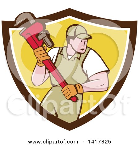 Clipart of a Retro Cartoon White Male Plumber or Handy Man Running with a Monkey Wrench in a Bown White and Yellow Shield - Royalty Free Vector Illustration by patrimonio