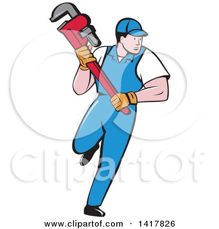Clipart of a Retro Cartoon White Male Plumber or Handy Man Running with a Monkey Wrench - Royalty Free Vector Illustration by patrimonio