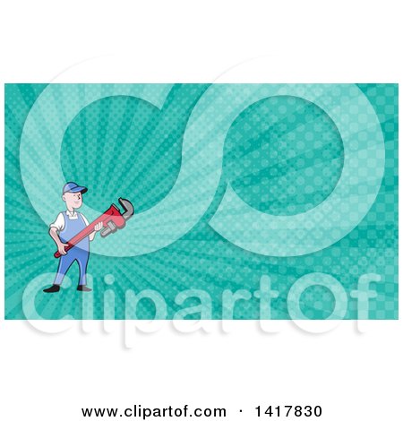Clipart of a Retro Cartoon White Male Plumber or Handy Man Holding a Monkey Wrench and Turquoise Rays Background or Business Card Design - Royalty Free Illustration by patrimonio
