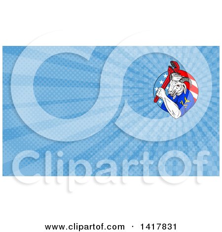 Clipart of a Retro Sketched Navy Goat Man Holding Pipe Monkey Wrench in an American Circle and Blue Rays Background or Business Card Design - Royalty Free Illustration by patrimonio