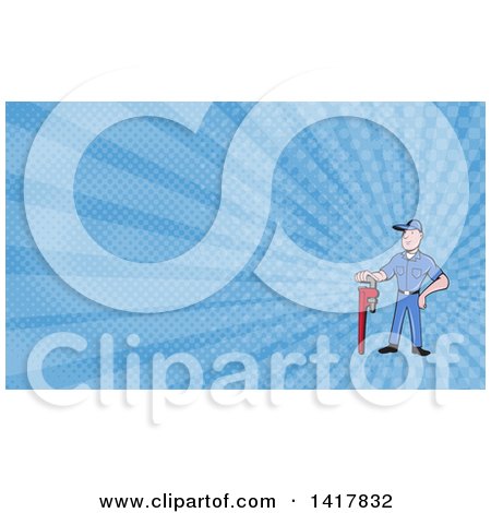 Clipart of a Retro Cartoon White Male Plumber or Handy Man with a Monkey Wrench and Blue Rays Background or Business Card Design - Royalty Free Illustration by patrimonio