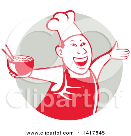 Clipart of a Retro Chef Holding a Bowl of Hot Noodle Soup and Cheering, Welcoming or Dancing in a Gray Circle - Royalty Free Vector Illustration by patrimonio