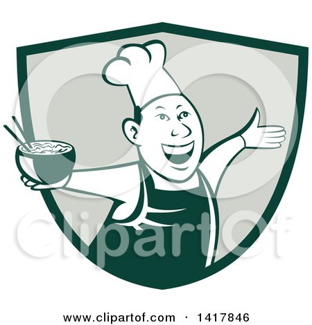 Clipart of a Retro Chef Holding a Bowl of Hot Noodle Soup and Cheering, Welcoming or Dancing in a Shield - Royalty Free Vector Illustration by patrimonio