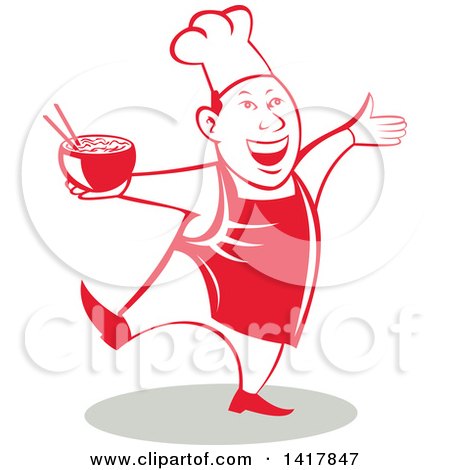 Clipart of a Retro Chef Holding a Bowl of Hot Noodle Soup and Dancing - Royalty Free Vector Illustration by patrimonio