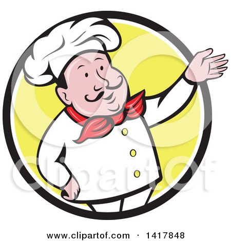 Clipart of a Retro Cartoon Male French Chef Presenting in a Black White and Yellow Circle - Royalty Free Vector Illustration by patrimonio