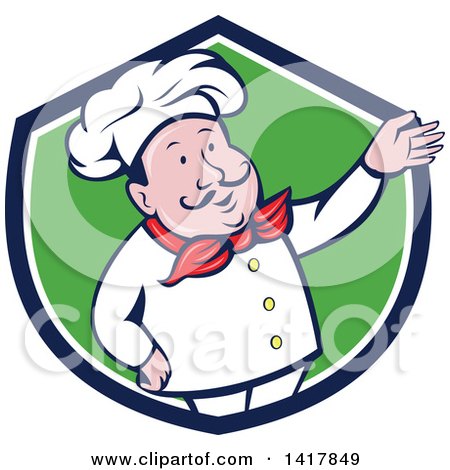 Clipart of a Retro Cartoon Male French Chef Presenting in a Blue White and Green Crest - Royalty Free Vector Illustration by patrimonio