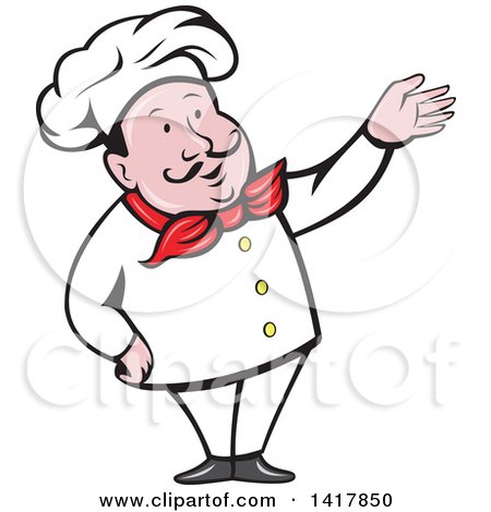 Clipart of a Retro Cartoon Male French Chef Presenting - Royalty Free ...