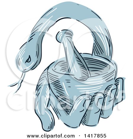 Clipart of a Sketched Blue Hand Holding a Mortar and Pestle with a Snake - Royalty Free Vector Illustration by patrimonio