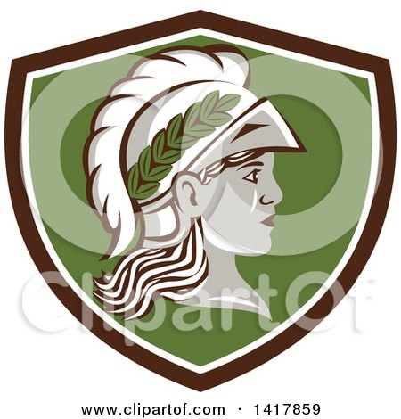 Clipart of a Profile Portrait of the Roman Goddess of Wisdom, Minerva or Menrva, Wearing a Helmet and Laurel Crown in a Brown White and Green Shield - Royalty Free Vector Illustration by patrimonio