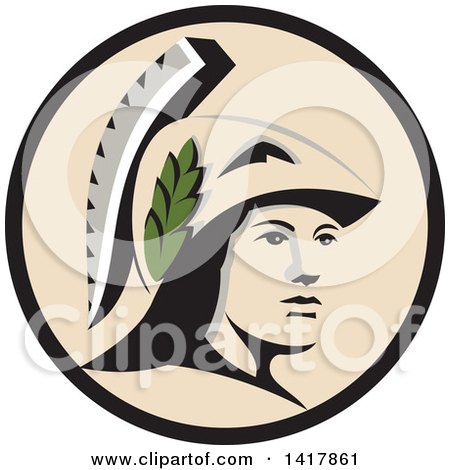 Clipart of a Profile Portrait of the Roman Goddess of Wisdom, Minerva or Menrva, Wearing a Helmet and Laurel Crown in a Black and Beige Circle - Royalty Free Vector Illustration by patrimonio