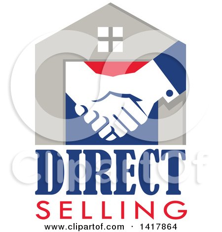 Clipart of a Retro House with Shaking Hands and Direct Selling Text - Royalty Free Vector Illustration by patrimonio