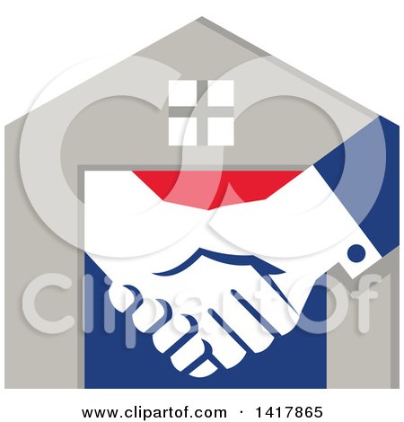 Clipart of a Retro House with Shaking Hands - Royalty Free Vector Illustration by patrimonio